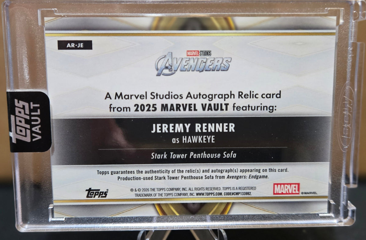 2026 Topps Marvel Vault Autograph Relic 08/50 Jeremy Renner w Stark Penthouse Sofa