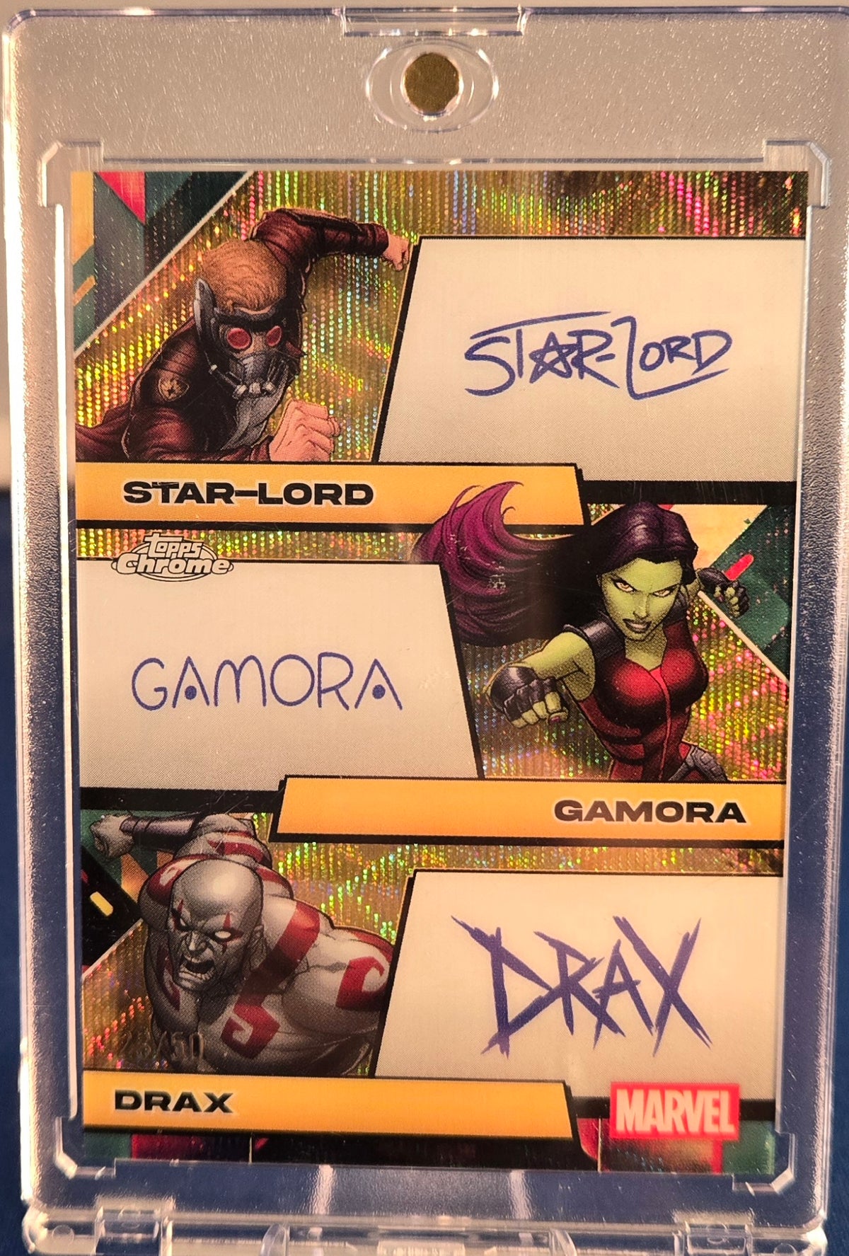 2025 Topps Chrome Marvel Star-Lord Gamora Drax Gold Triple Auto 23/50
