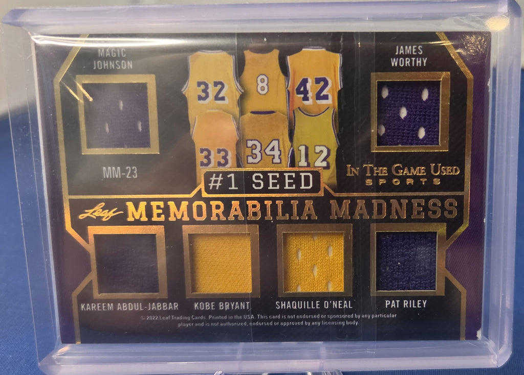 1/1 2022 "Memorabilia Madness" Game Used multi-relic Leaf featuring New York Yankees and Los Angeles Lakers Legends