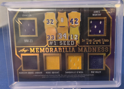 1/1 2022 "Memorabilia Madness" Game Used multi-relic Leaf featuring New York Yankees and Los Angeles Lakers Legends