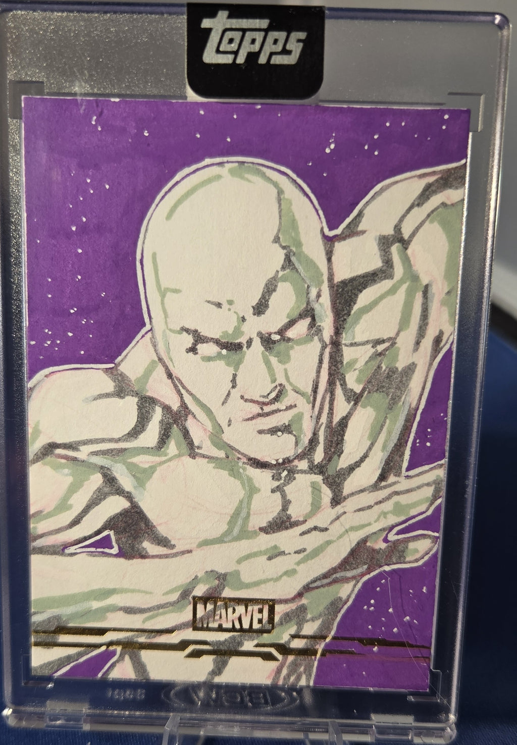 One-of-a-kind hand-drawn 2026 Topps Marvel Mint Silver Surfer sketch Auto by Jason D. Rodriguez.