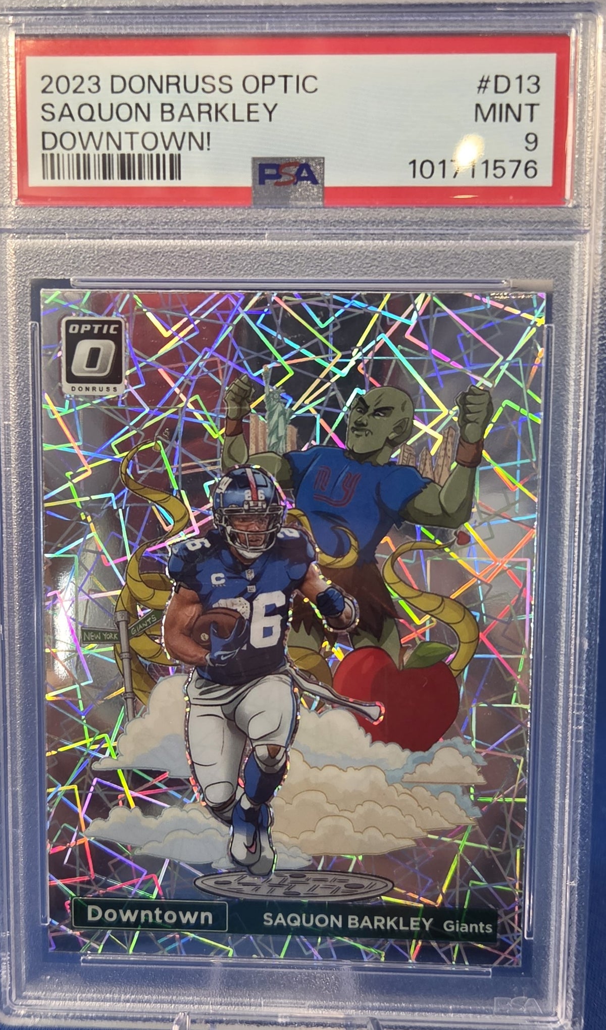 Saquon Barkley 2023 Panini Donruss Optic Downtown! SSP PSA 9 Case Hit