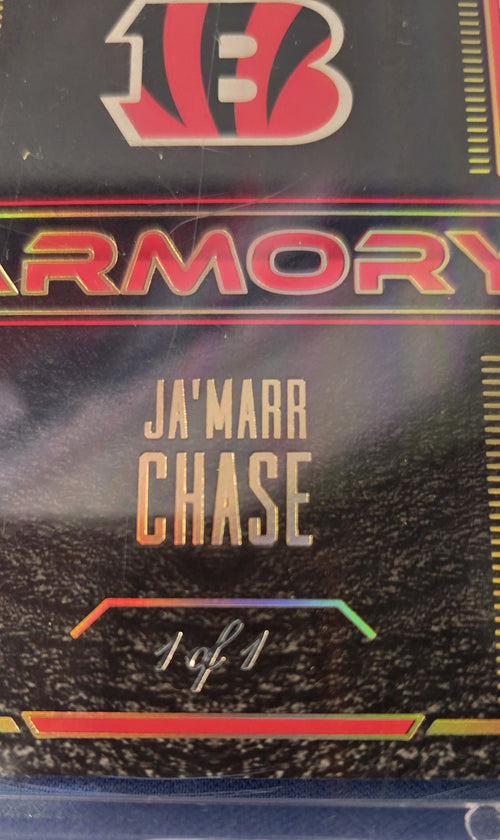 2021 Panini Playbook Panini "Armory" Ja'Marr Chase Rookie Booklet card; 1/1, 6 patch/relic