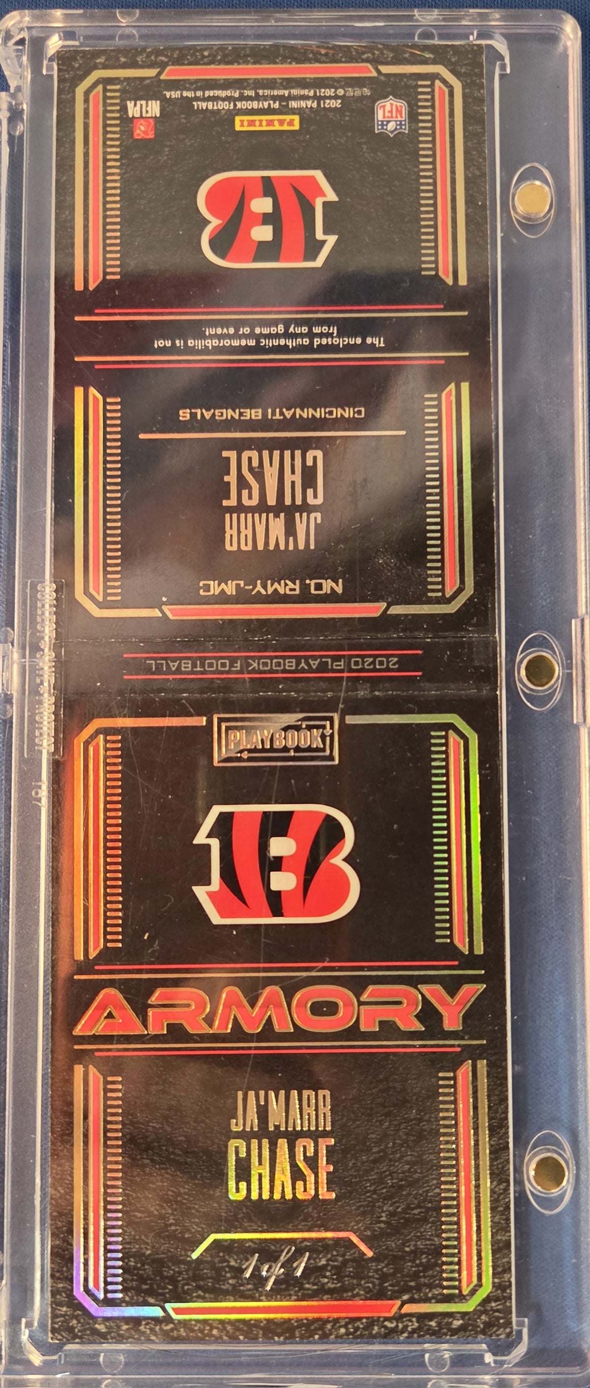2021 Panini Playbook Panini "Armory" Ja'Marr Chase Rookie Booklet card; 1/1, 6 patch/relic