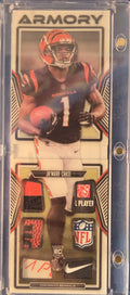 2021 Panini Playbook Panini "Armory" Ja'Marr Chase Rookie Booklet card; 1/1, 6 patch/relic
