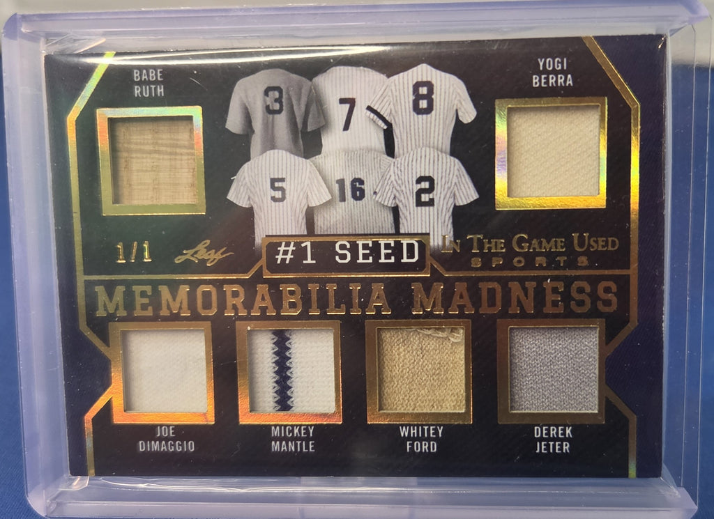 1/1 2022 "Memorabilia Madness" Game Used multi-relic Leaf featuring New York Yankees and Los Angeles Lakers Legends